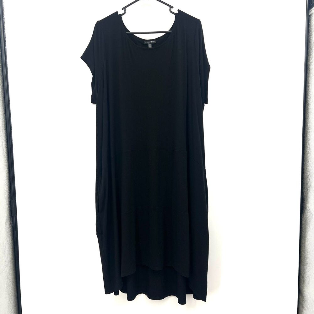 Eileen Fisher Woman Black Cocoon Lagenlook Midi Dress Pockets Cap Sleeve 3X